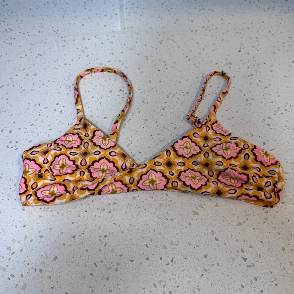 Aerie Real Good Scoop Bikini Top Retro Floral Orange Pink Small 984407628